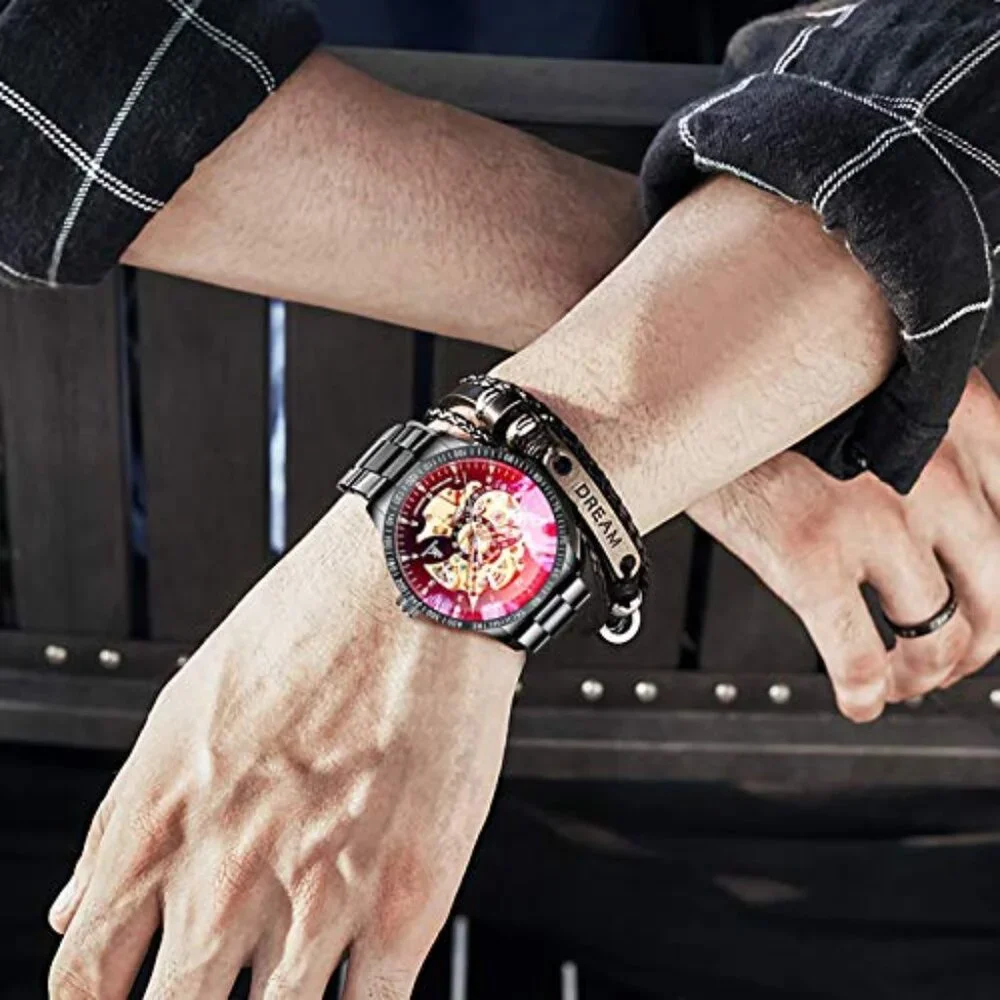 Men's Automatic Mechanical Watch Skeleton Dial Stainless Steel Wristwatch